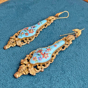 Georgian Enamel Birds Pinchbeck Earrings and Brooch Set Demi-Parure, circa 1830