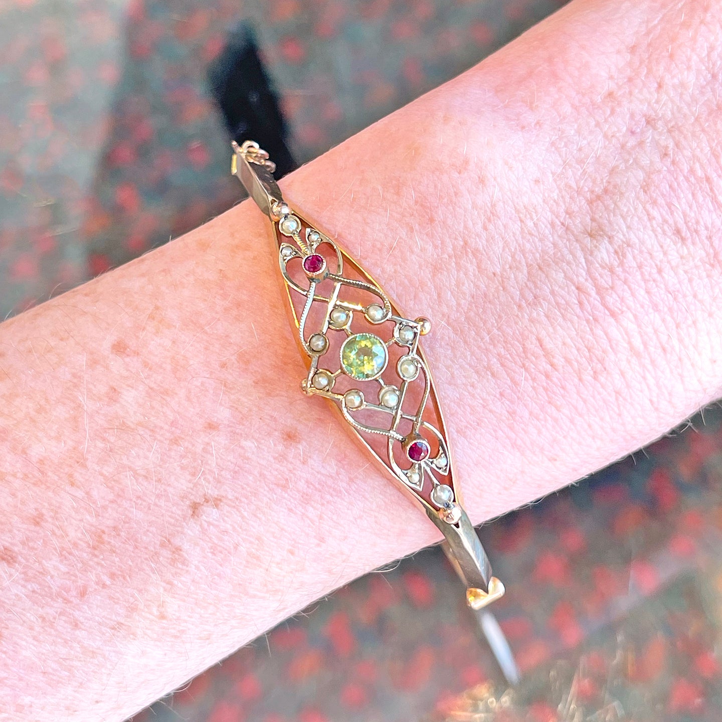 Antique Edwardian Suffragette Bangle Bracelet with Ruby, Pearls and Peridot 9k Gold
