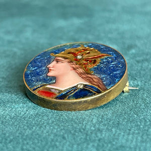 Antique French Limoges Enamel Warrior Woman Brooch in 18K Gold, Circa 1900