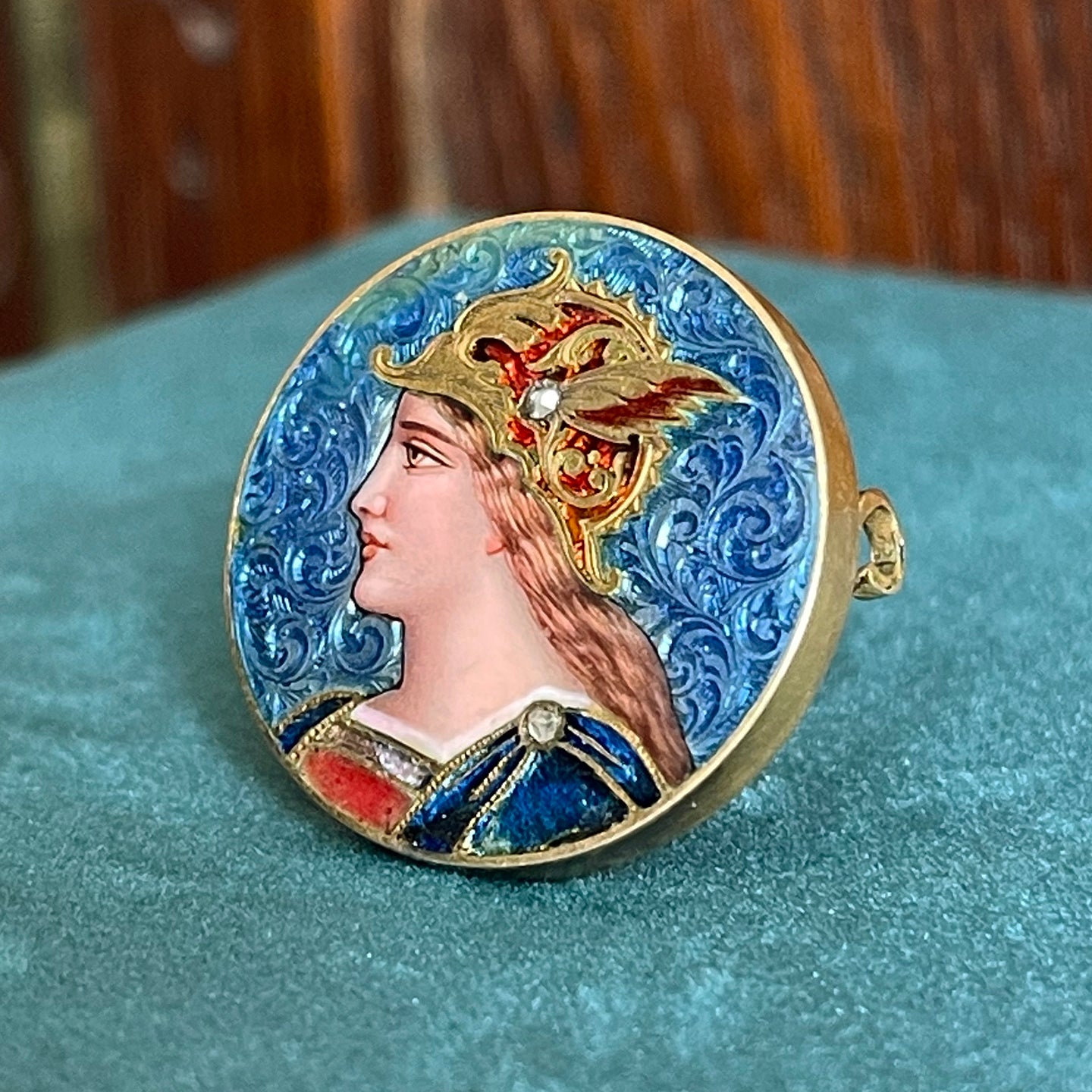 Antique French Limoges Enamel Warrior Woman Brooch in 18K Gold, Circa 1900