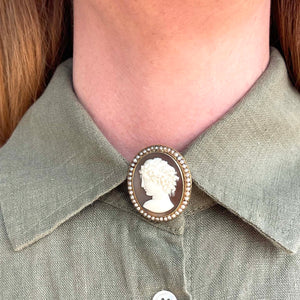 Antique Gold Cameo of a Woman Brooch in Pearl Frame