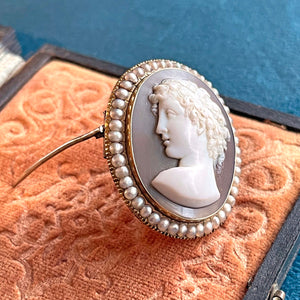 Antique Gold Cameo of a Woman Brooch in Pearl Frame