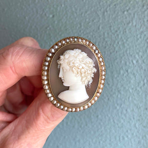 Antique Gold Cameo of a Woman Brooch in Pearl Frame