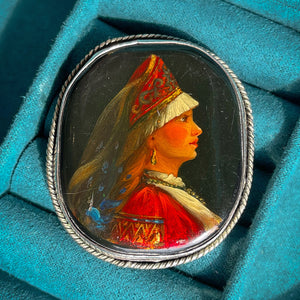 Exquisite Silver & Enamel Brooch of Woman in Kokoshnik Headdress, Circa 1890