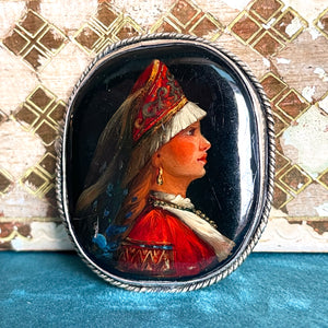 Exquisite Silver & Enamel Brooch of Woman in Kokoshnik Headdress, Circa 1890