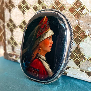 Exquisite Silver & Enamel Brooch of Woman in Kokoshnik Headdress, Circa 1890