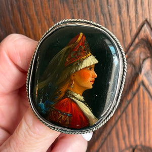 Exquisite Silver & Enamel Brooch of Woman in Kokoshnik Headdress, Circa 1890