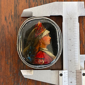 Exquisite Silver & Enamel Brooch of Woman in Kokoshnik Headdress, Circa 1890