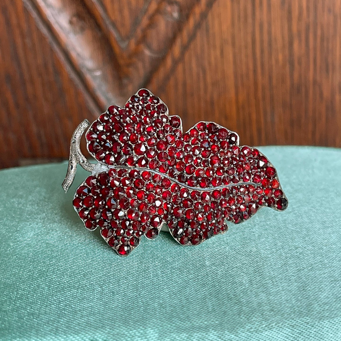 Victorian Bohemian Garnet Silver Leaf Brooch