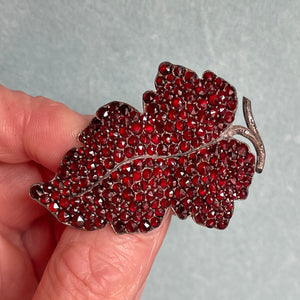 Victorian Bohemian Garnet Silver Leaf Brooch