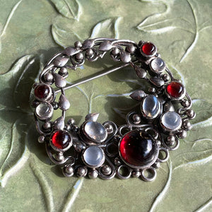 Arts and Crafts Sibyl Dunlop (Att) Garnet and Moonstone Brooch in Silver