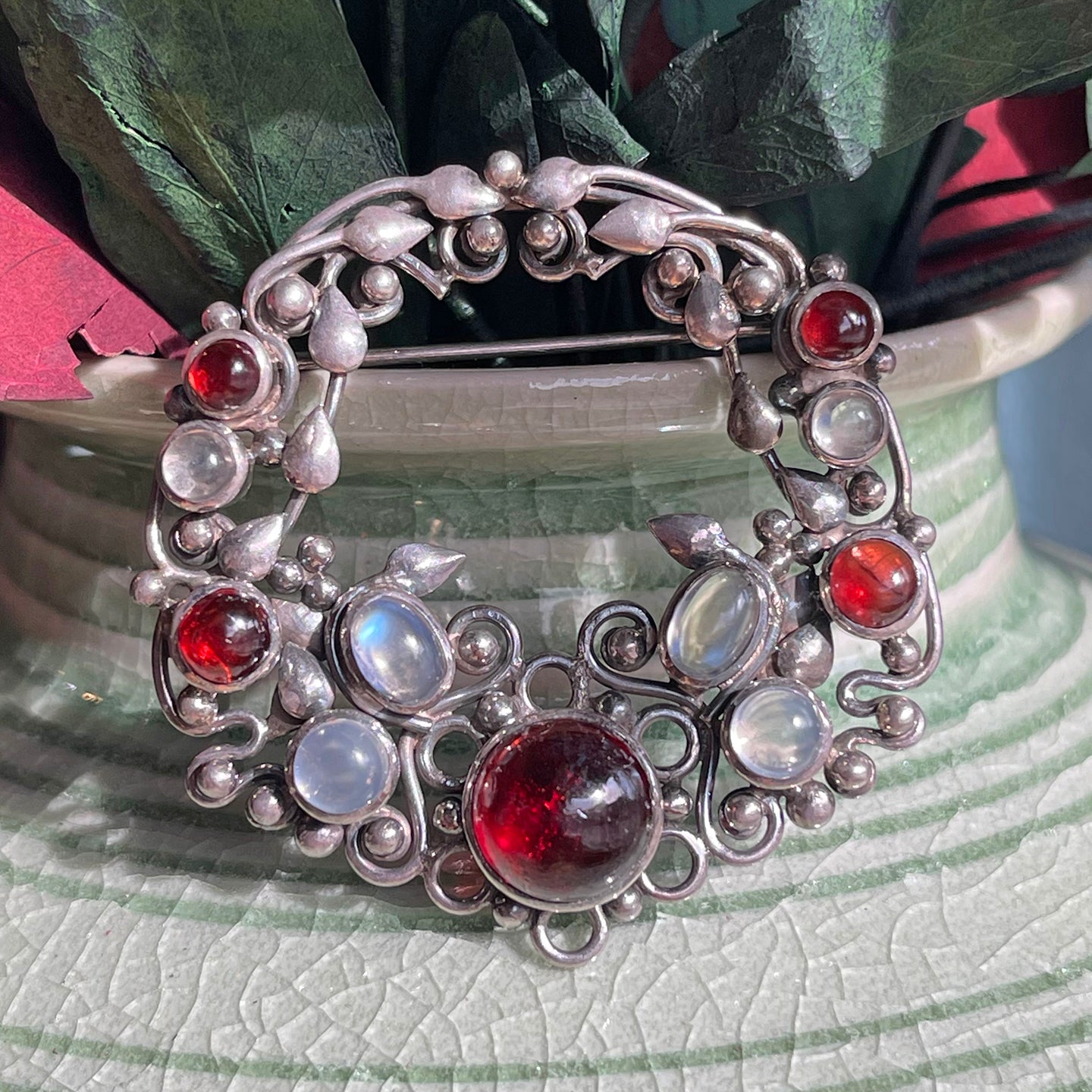 Arts and Crafts Sibyl Dunlop (Att) Garnet and Moonstone Brooch in Silver