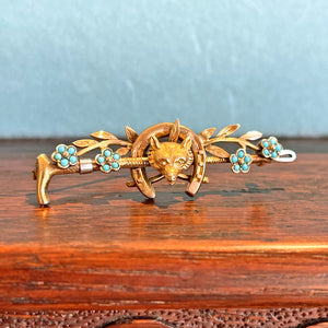 Antique Fox Horseshoe Crop Forget-Me-Not Turquoise Brooch Pin 15k Gold Platinum