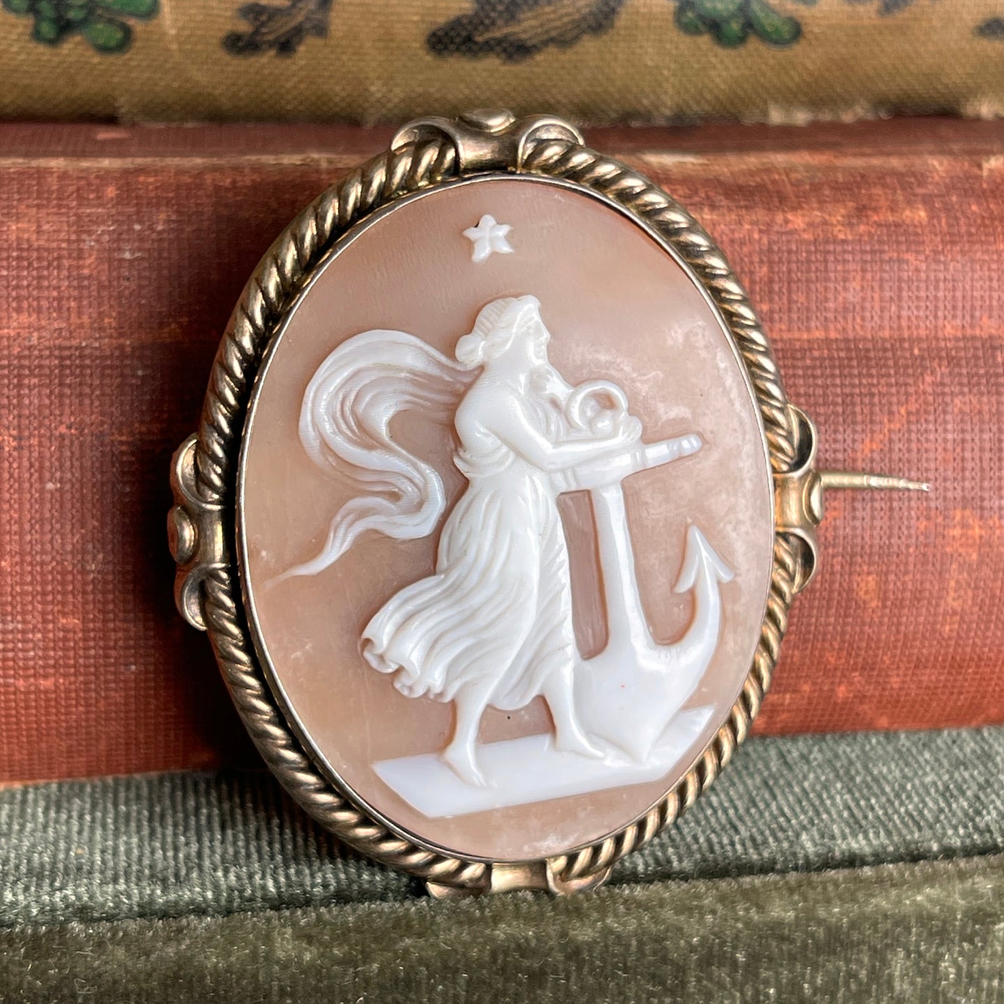 Victorian Shell Cameo Allegory of Hope Brooch