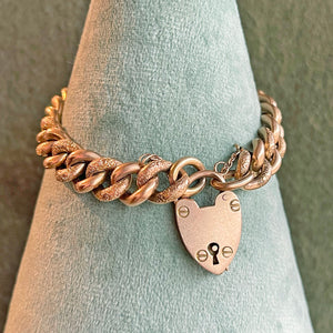 Antique Engraved Curb Link Bracelet, 15k Gold with Heart Lock