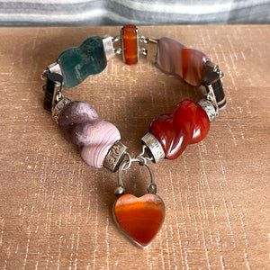 Scottish c.1880 Agate Silver Link Bracelet Heart Lock