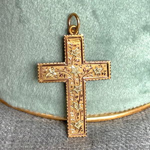 Victorian Gold Cross Pendant with Green Ivy Leaves, Chester 1896 Hallmarked