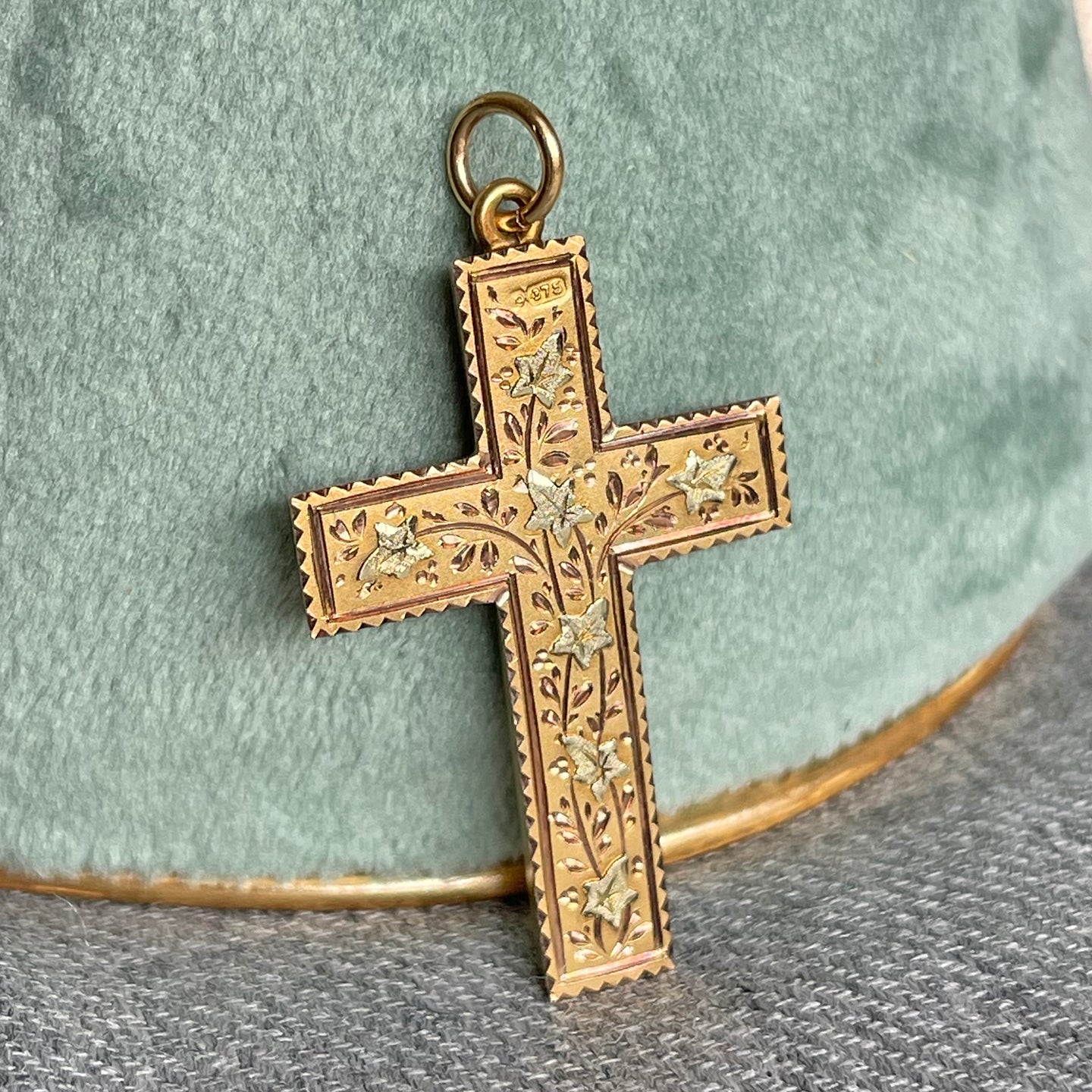 Victorian Gold Cross Pendant with Green Ivy Leaves, Chester 1896 Hallmarked