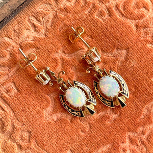 Victorian 14k Gold Opal Black Enamel Earrings