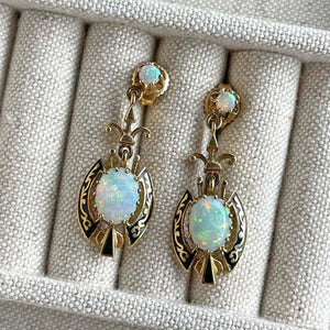 Victorian 14k Gold Opal Black Enamel Earrings