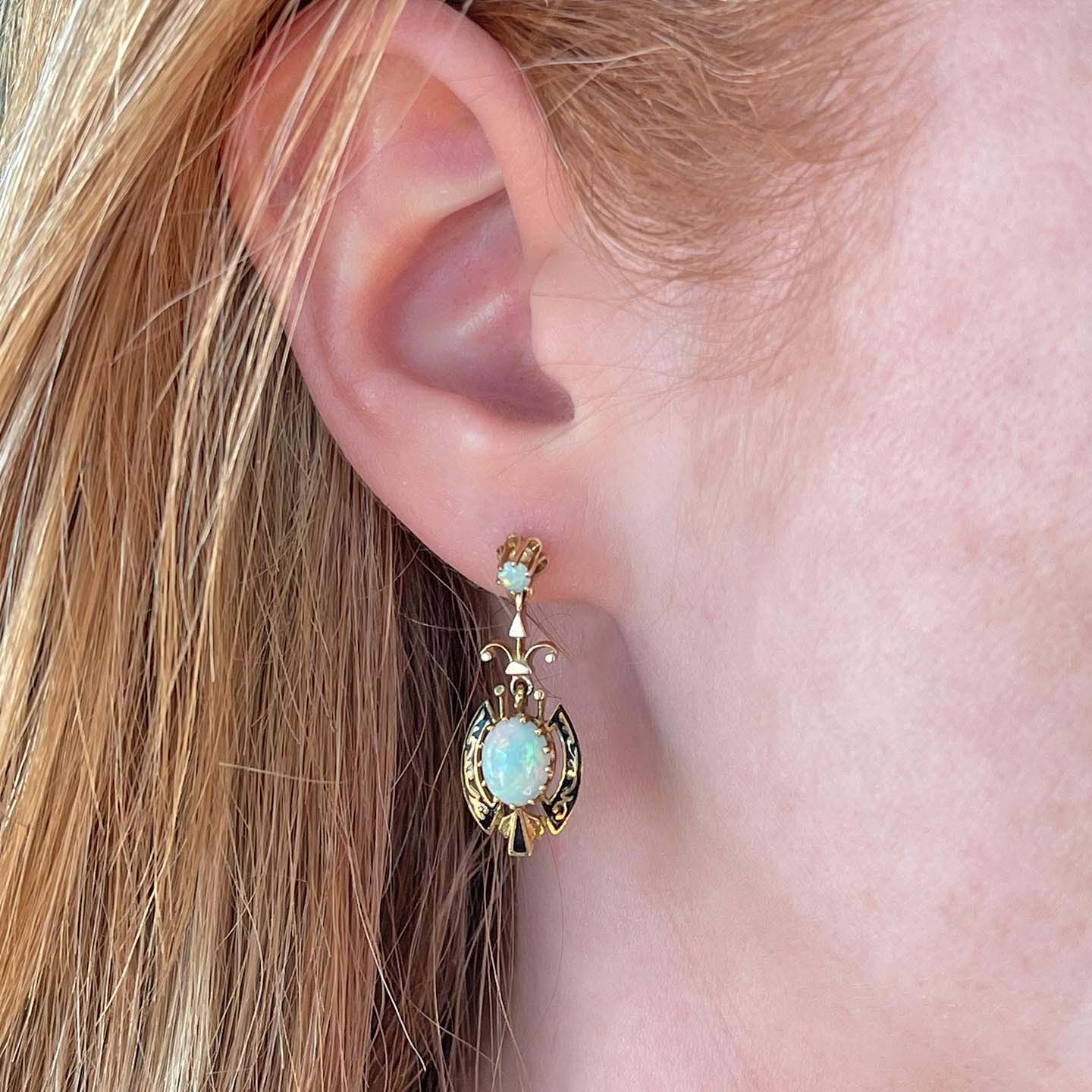 Victorian 14k Gold Opal Black Enamel Earrings