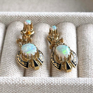 Victorian 14k Gold Opal Black Enamel Earrings