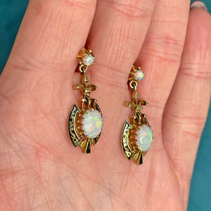 Victorian 14k Gold Opal Black Enamel Earrings