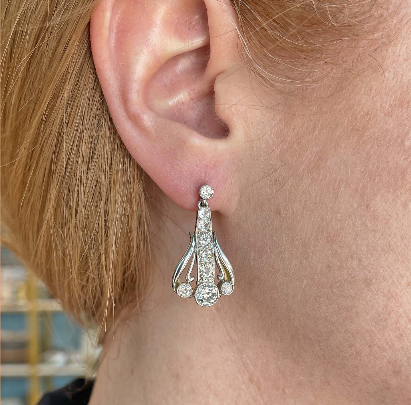 Art Deco Diamond Drop Earrings Platinum Gold Backed