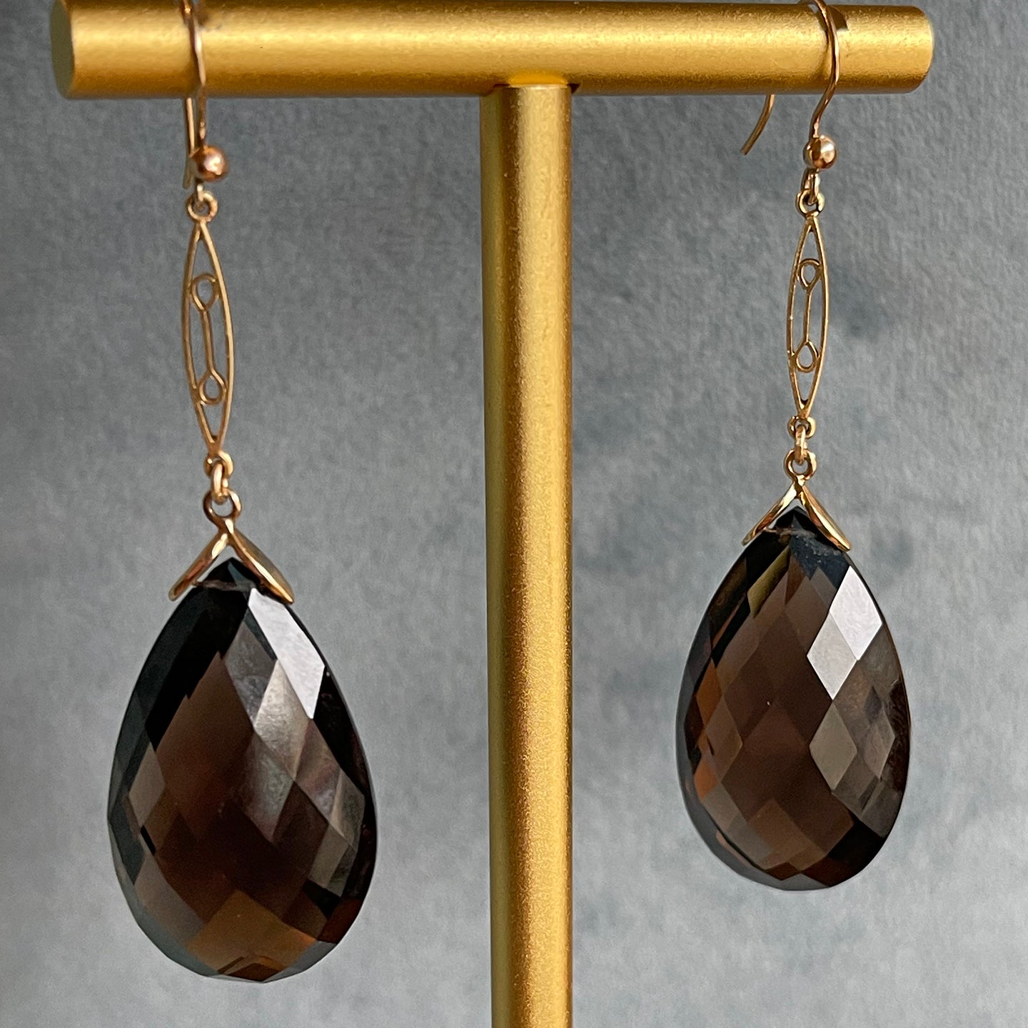 Vintage 9k Gold and Smoky Citrine Drop Earrings, c. 1950