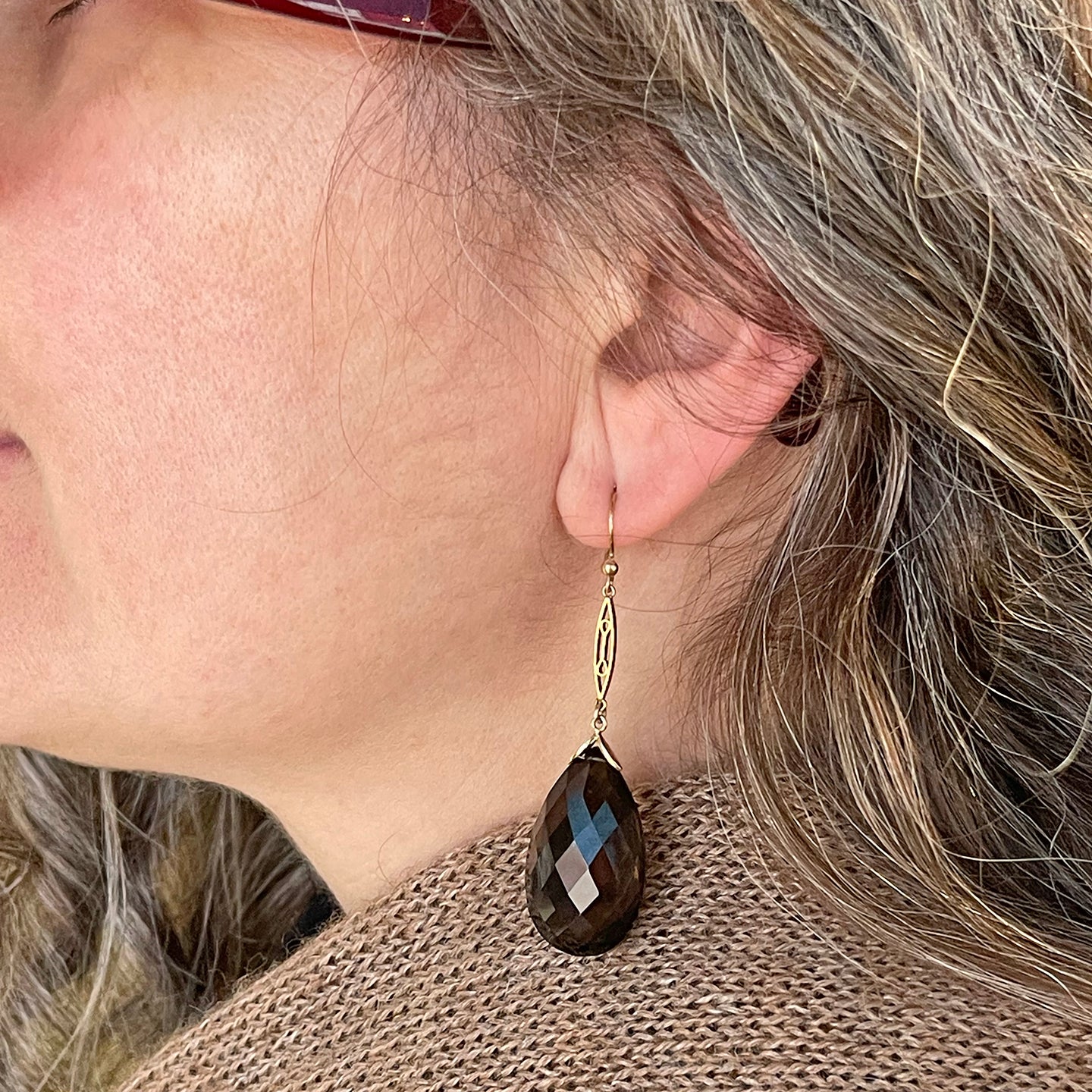 Vintage 9k Gold and Smoky Citrine Drop Earrings, c. 1950