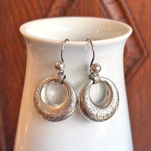 Victorian Sterling Silver Engraved Hoop Earrings, England, c. 1880