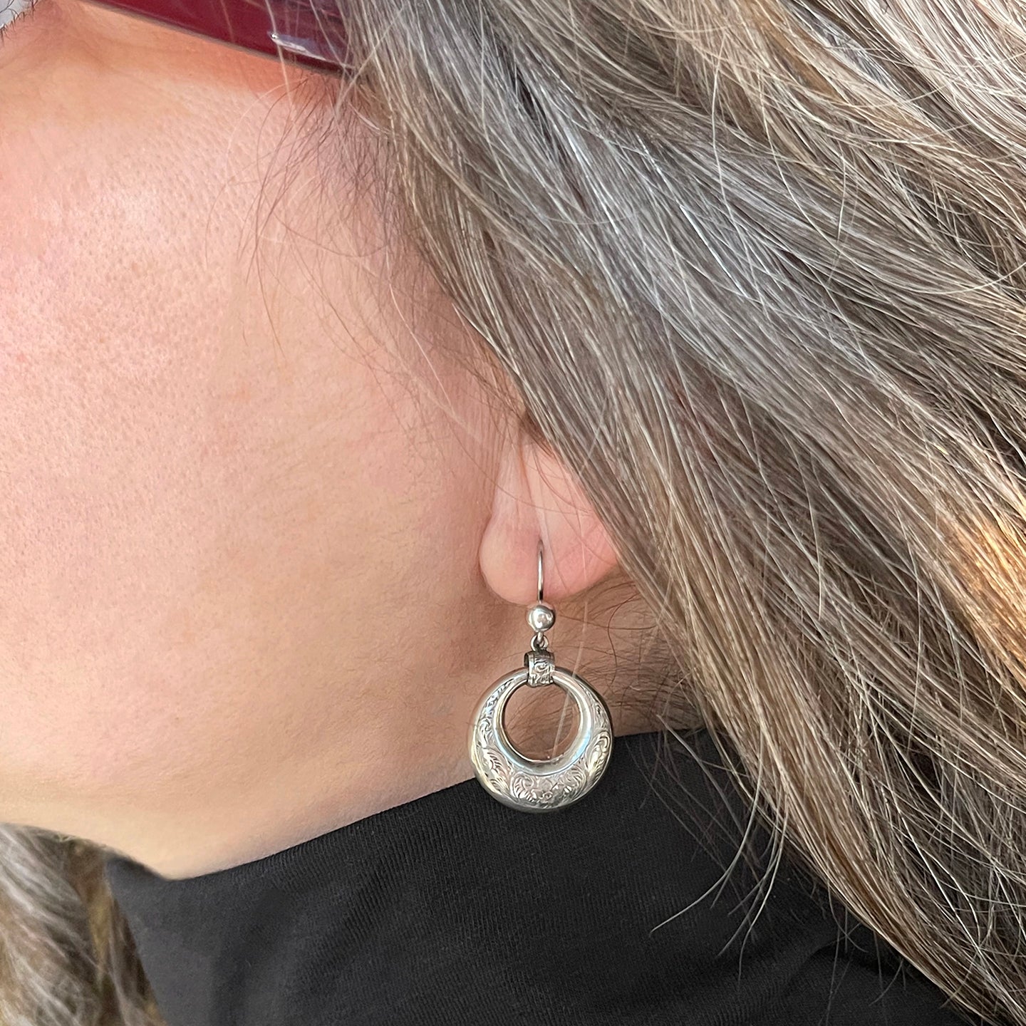 Victorian Sterling Silver Engraved Hoop Earrings, England, c. 1880