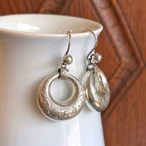 Victorian Sterling Silver Engraved Hoop Earrings, England, c. 1880