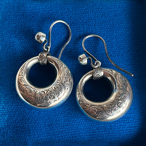 Victorian Sterling Silver Engraved Hoop Earrings, England, c. 1880