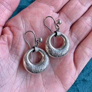 Victorian Sterling Silver Engraved Hoop Earrings, England, c. 1880