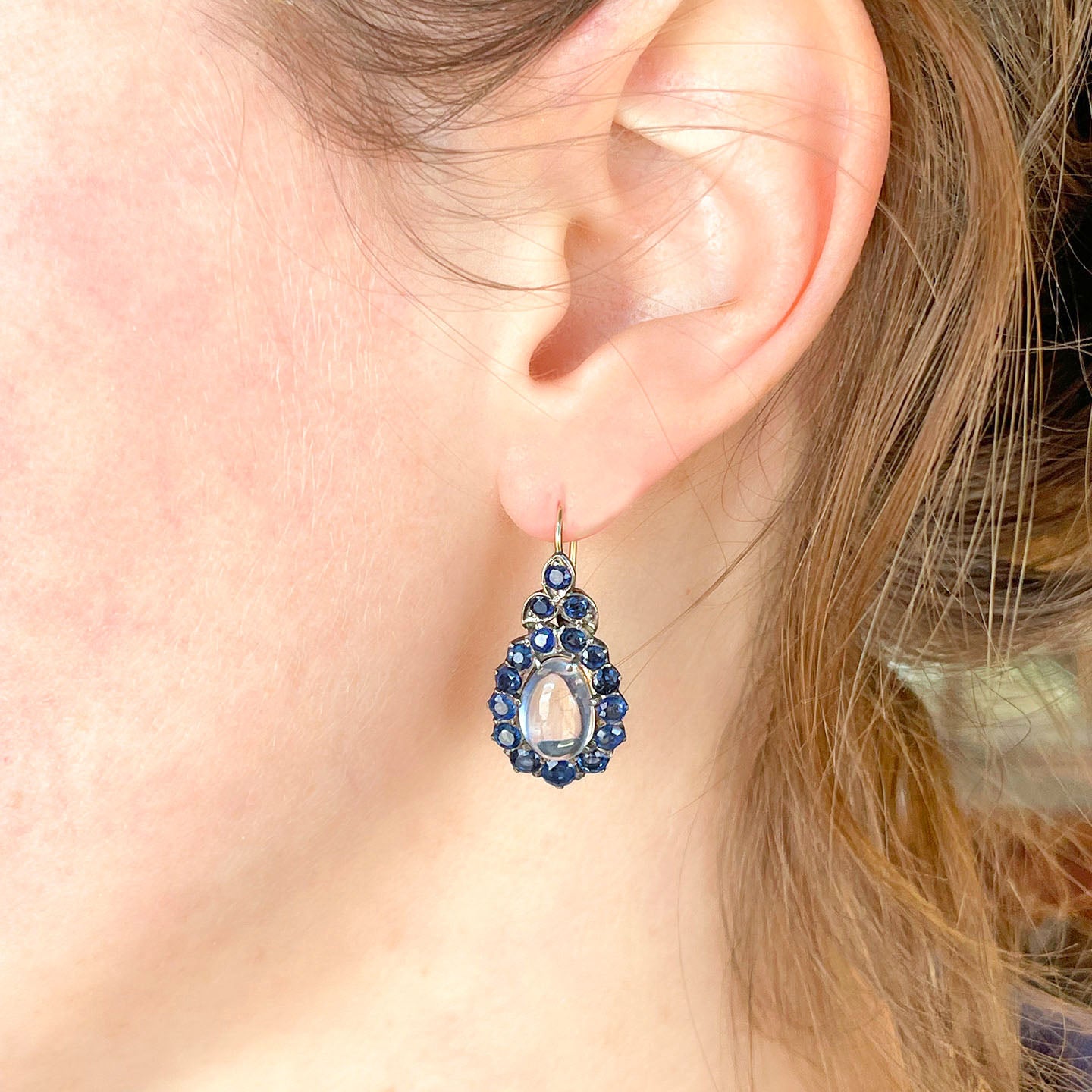 Antique Sapphire Moonstone Teardrop Earrings, c.1920