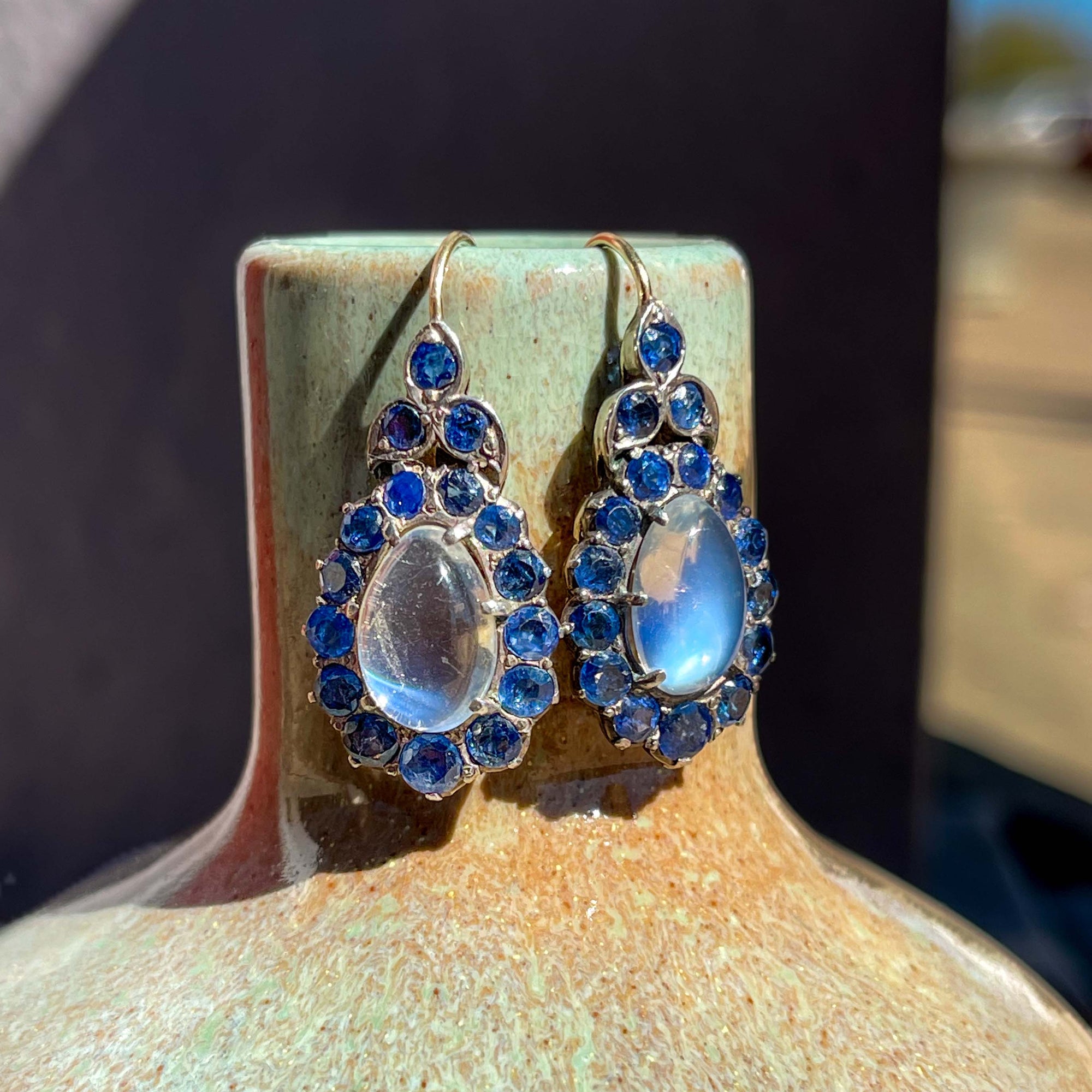 Antique Sapphire Moonstone Teardrop Earrings, c.1920