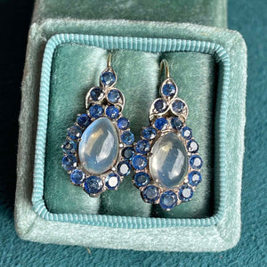 Antique Sapphire Moonstone Teardrop Earrings, c.1920