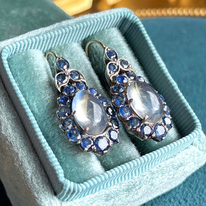 Antique Sapphire Moonstone Teardrop Earrings, c.1920