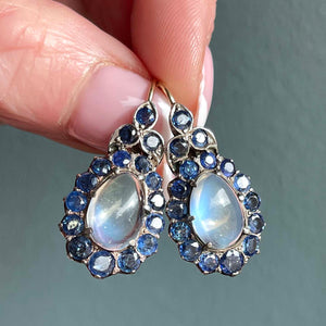 Antique Sapphire Moonstone Teardrop Earrings, c.1920