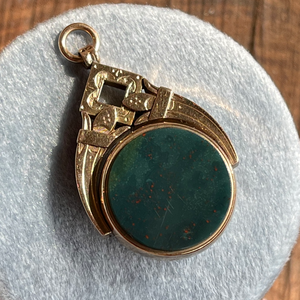 Victorian 9K Gold Carnelian and Bloodstone Spinner Fob Pendant, c.1870s