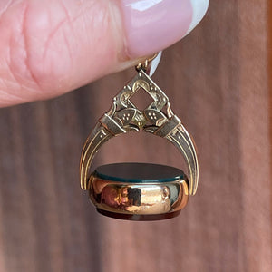 Victorian 9K Gold Carnelian and Bloodstone Spinner Fob Pendant, c.1870s