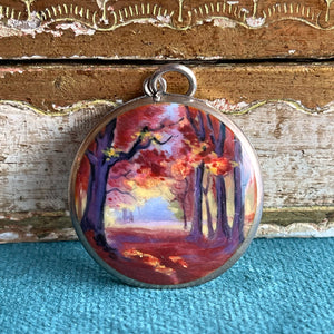 Exquisite Silver & Enamel Art Locket with Autumn Landscape, Circa 1900