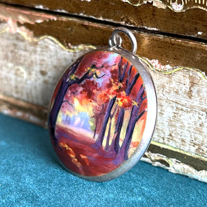 Exquisite Silver & Enamel Art Locket with Autumn Landscape, Circa 1900