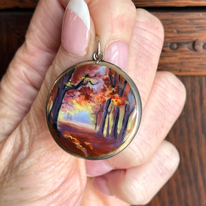 Exquisite Silver & Enamel Art Locket with Autumn Landscape, Circa 1900