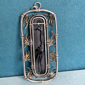 Antique Art Deco Carved Agate Crane Pendant in Gold Silver Frame