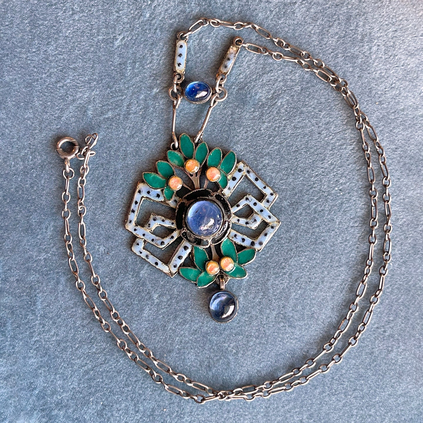 Arts and Crafts Silver Enamel Necklace with Sapphires, Circa 1910