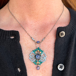 Arts and Crafts Silver Enamel Necklace with Sapphires, Circa 1910