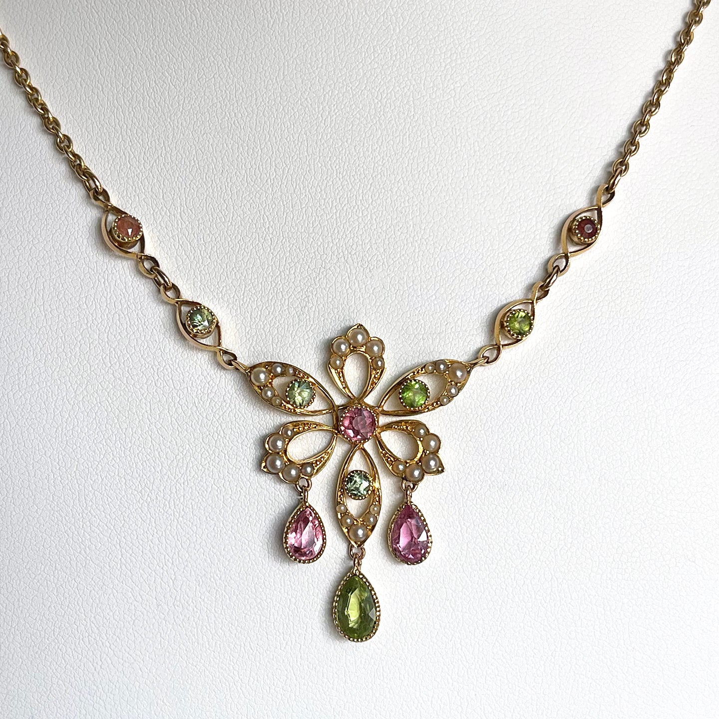 Antique 1915 Suffragette Necklace with Peridot, Pearls, and Tourmalines in 15ct Gold