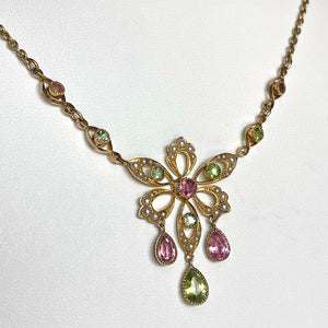 Antique 1915 Suffragette Necklace with Peridot, Pearls, and Tourmalines in 15ct Gold